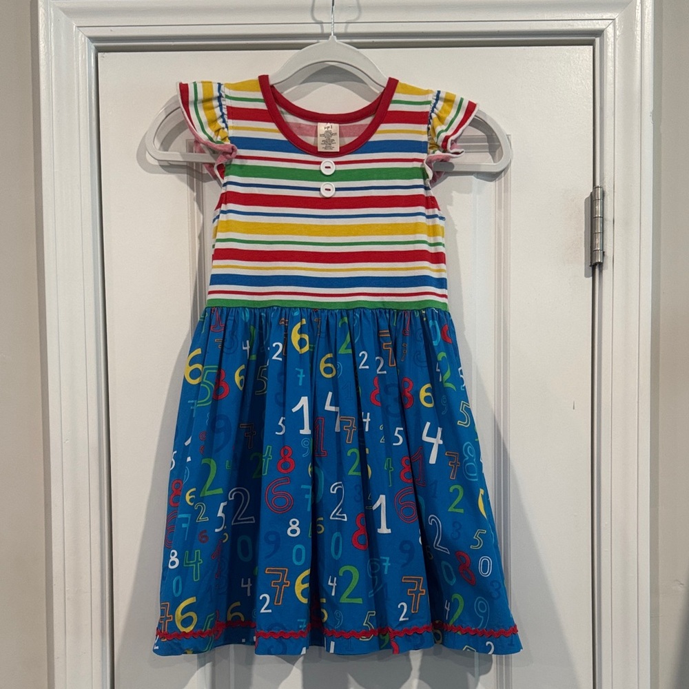 Eleanor Rose Girls' Colorful Stripe & School/Number Print Dress - size 8